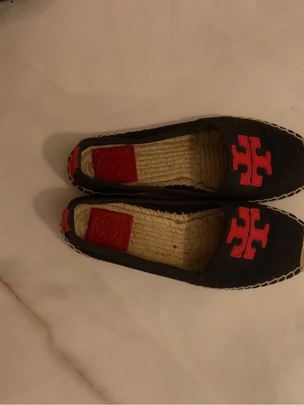 Tory Burch Black Espadrille Flats with Red Logo Accent